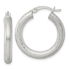 Sterling Silver Polished and Textured 25x4.0mm Round Hoop Earrings