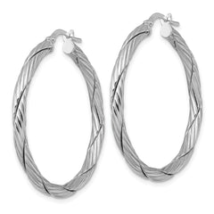 Sterling Silver Rhodium-plated Polished Textured and Twisted 3.00 x 36mm Round Hoop Earrings