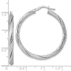 Sterling Silver Rhodium-plated Polished Textured and Twisted 3.00 x 36mm Round Hoop Earrings