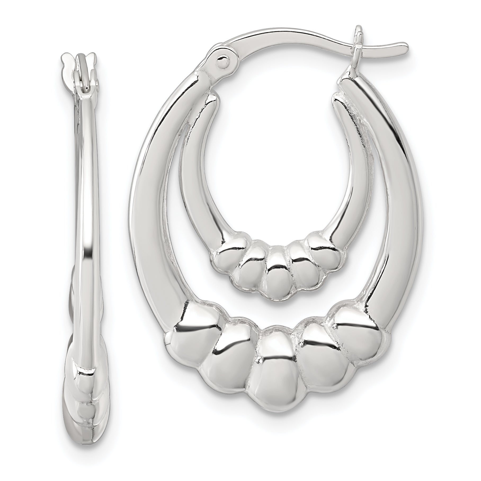 Sterling Silver Polished Scalloped Double Oval Hollow Hoop Earrings