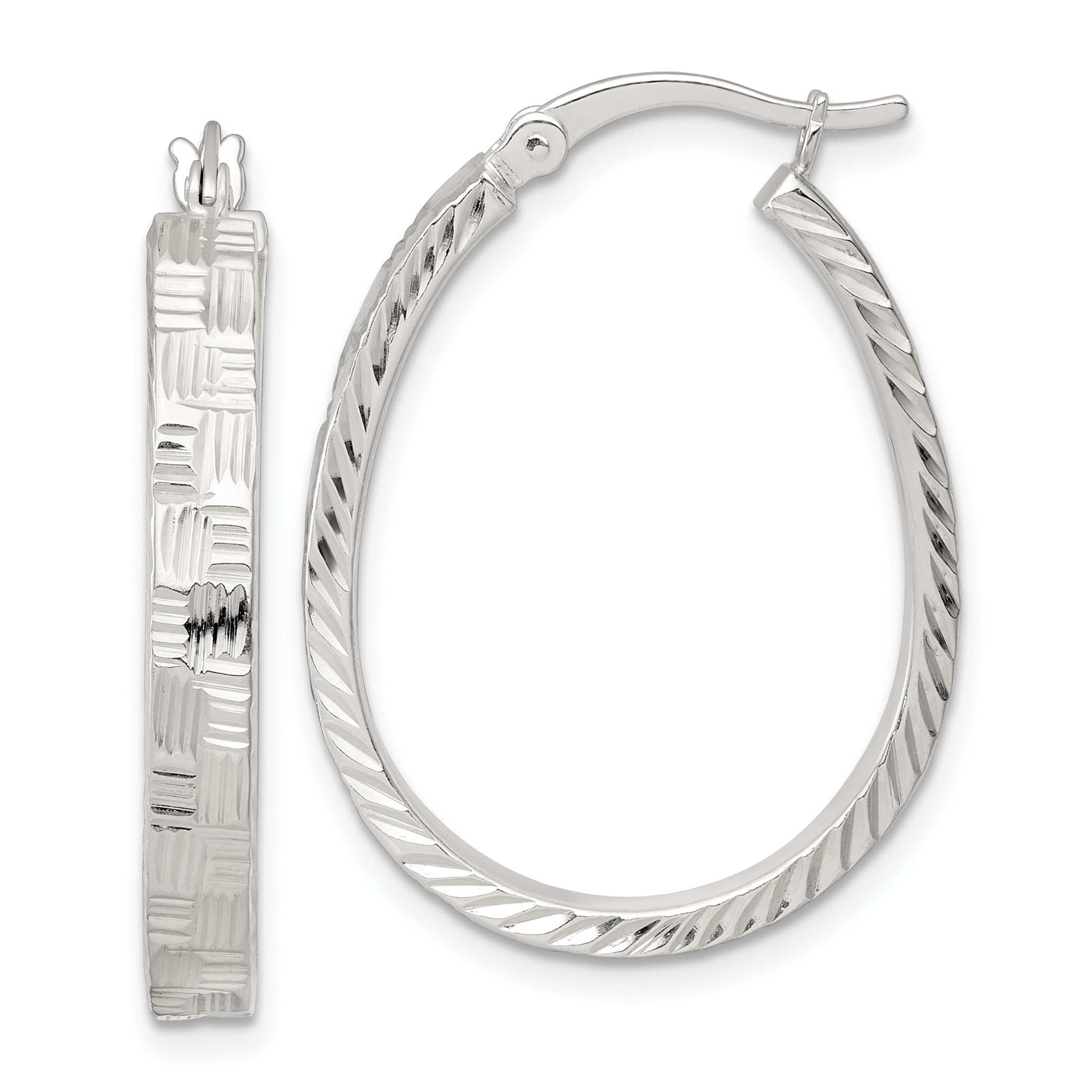 Sterling Silver Polished Straight Diamond-cut 4.0mm Oval Hoop Earrings