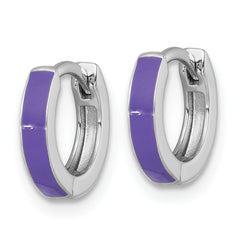 Sterling Silver Rhodium-plated Polished Purple Enameled Hinged Round Hoop Earrings