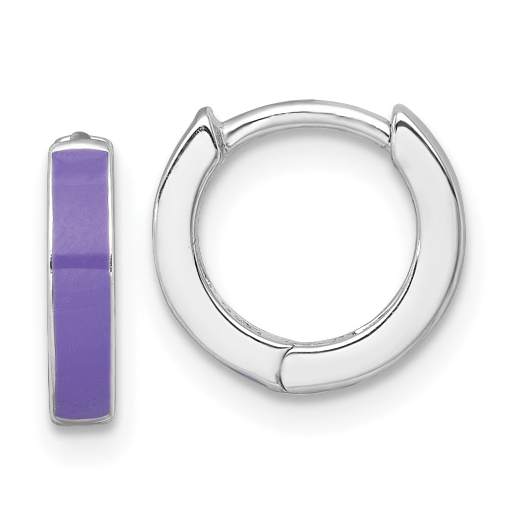 Sterling Silver Rhodium-plated Polished Purple Enameled Hinged Round Hoop Earrings