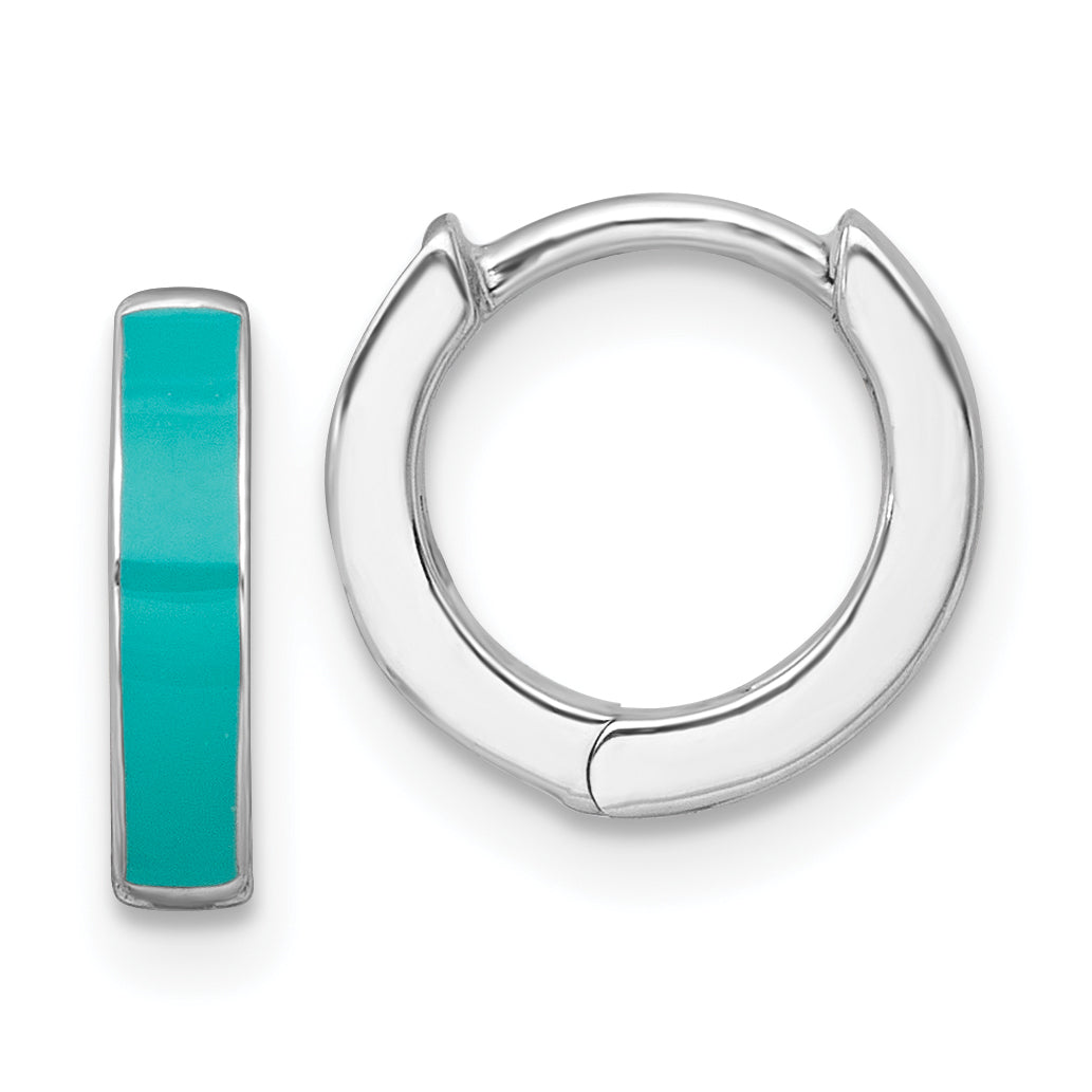 Sterling Silver Rhodium-plated Polished Teal Enameled Hinged Round Hoop Earrings