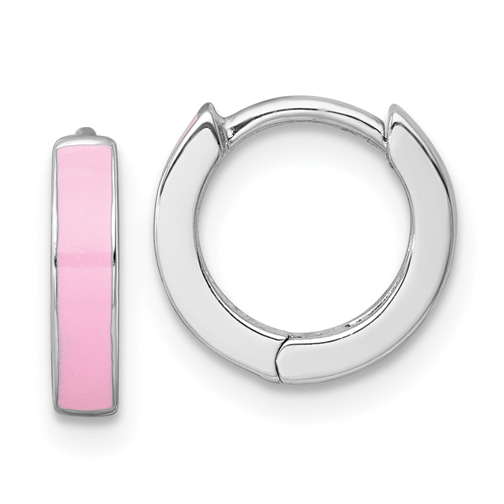 Sterling Silver Rhodium-plated Polished Pink Enameled Hinged Round Hoop Earrings