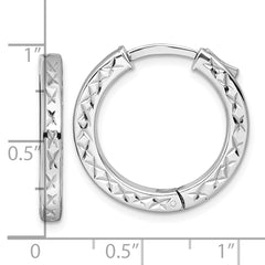 Sterling Silver Rhodium-plated Polished Diamond-cut 3x23mm with Safety Lock Hinged Square Tube Hoop Earrings