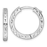 Sterling Silver Rhodium-plated Polished Diamond-cut 3x23mm with Safety Lock Hinged Square Tube Hoop Earrings