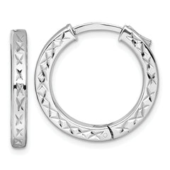 Sterling Silver Rhodium-plated Polished Diamond-cut 3x23mm with Safety Lock Hinged Square Tube Hoop Earrings
