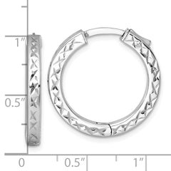 Sterling Silver Rhodium-plated Polished Diamond-cut 3x25mm with Safety Lock Hinged Square Tube Hoop Earrings