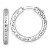 Sterling Silver Rhodium-plated Polished Diamond-cut 3x25mm with Safety Lock Hinged Square Tube Hoop Earrings