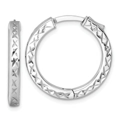 Sterling Silver Rhodium-plated Polished Diamond-cut 3x25mm with Safety Lock Hinged Square Tube Hoop Earrings