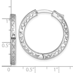 Sterling Silver Rhodium-plated Polished Diamond-cut 3x28mm with Safety Lock Hinged Square Tube Hoop Earrings