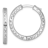 Sterling Silver Rhodium-plated Polished Diamond-cut 3x28mm with Safety Lock Hinged Square Tube Hoop Earrings