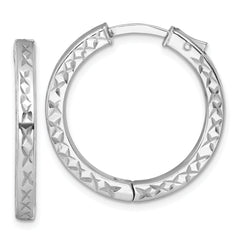 Sterling Silver Rhodium-plated Polished Diamond-cut 3x28mm with Safety Lock Hinged Square Tube Hoop Earrings