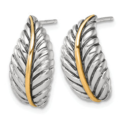 Sterling Silver Antiqued with 14k Accent Polished Feather Post Earrings