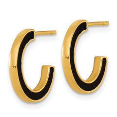 Sterling Silver Gold-tone Polished Black Enamel 15x2mm Post C-Hoop Earrings