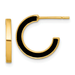 Sterling Silver Gold-tone Polished Black Enamel 15x2mm Post C-Hoop Earrings