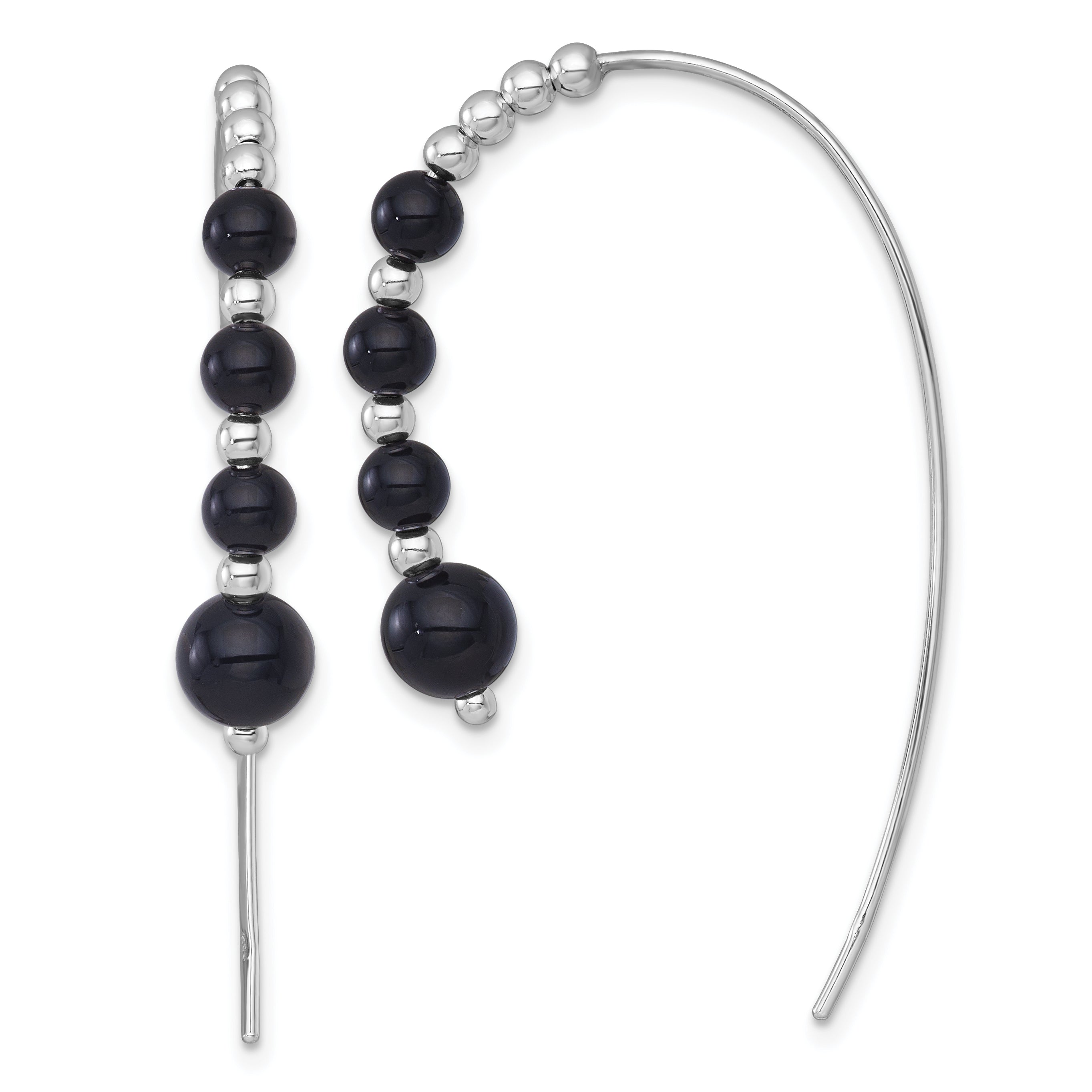 Sterling Silver Rhodium-plated Polished Graduated Onyx Beaded Threader Earrings
