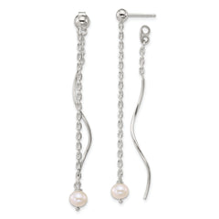 Sterling Silver Polished Fancy Freshwater Cultured Pearl on Chain and Twist Dangle Post Earrings