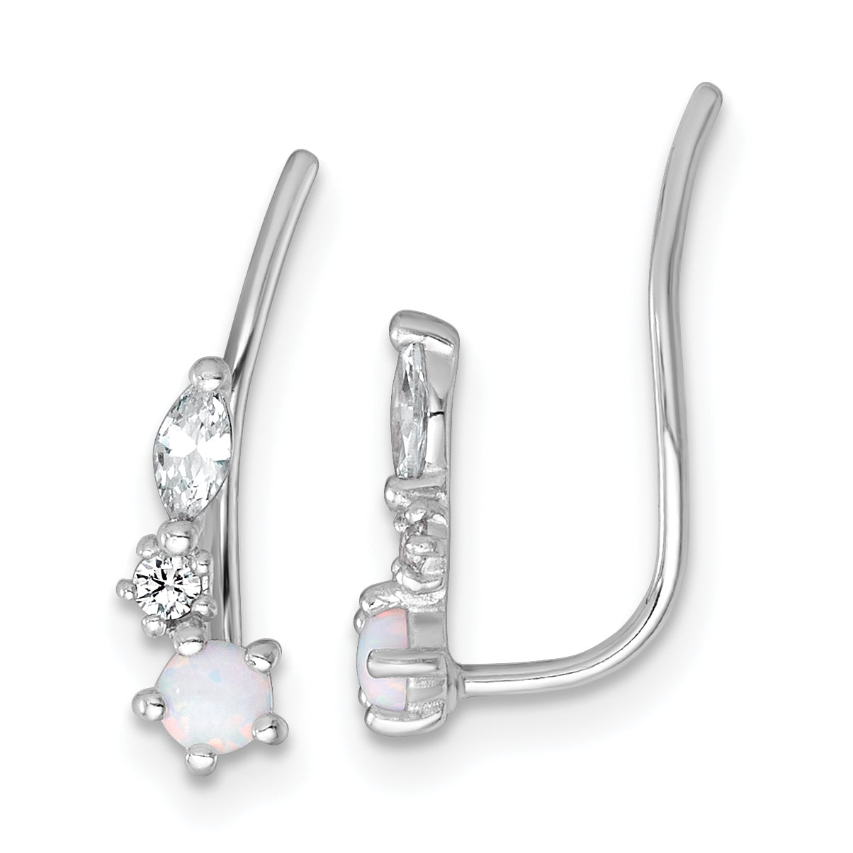Sterling Silver Rhodium-plated Polished CZ and Lab Created Opal Ear Climber Earrings