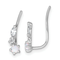 Sterling Silver Rhodium-plated Polished CZ and Lab Created Opal Ear Climber Earrings