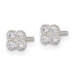 Sterling Silver Polished Textured White CZ 4.3mm Quatrefoil Post Earrings