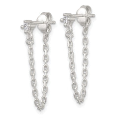Sterling Silver Polished White CZ Dangling Chain Post Earrings