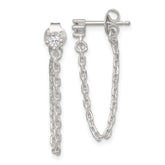 Sterling Silver Polished White CZ Dangling Chain Post Earrings