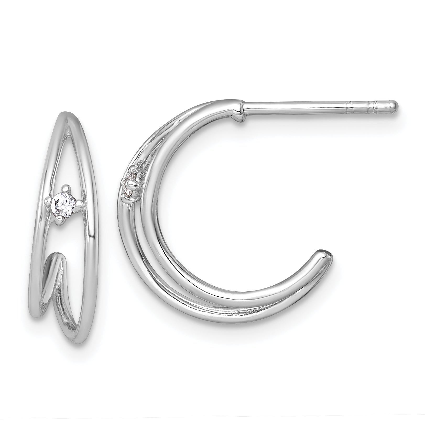 Sterling Silver Rhodium-plated Polished CZ Post C-Hoop Earrings