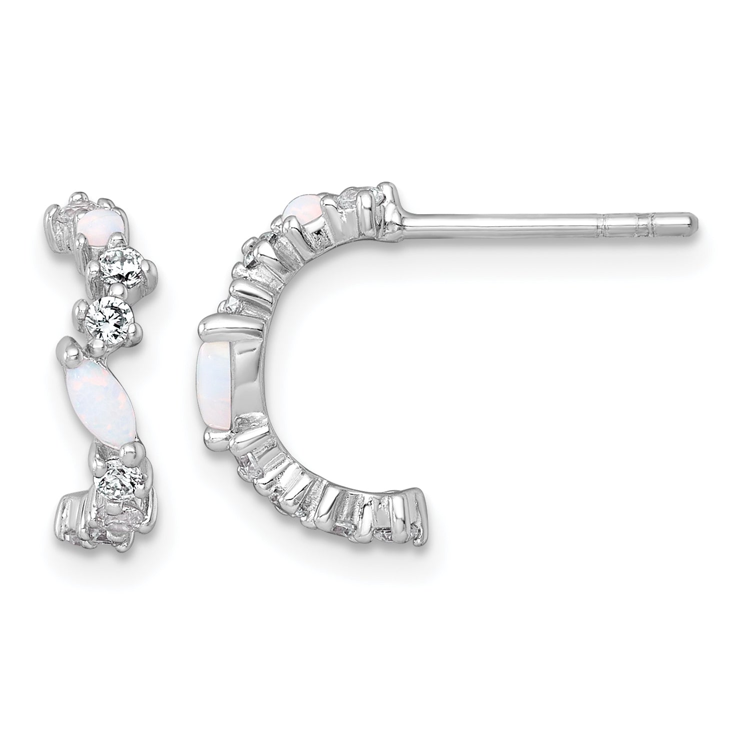 Sterling Silver Rhodium-plated Polished CZ and Lab Created Opal Post C-Hoop Earrings