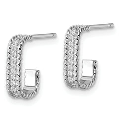 Sterling Silver Rhodium-plated CZ Rope Edge Rectangle J-Hoop Post Earrings