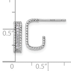 Sterling Silver Rhodium-plated CZ Rope Edge Rectangle J-Hoop Post Earrings