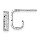 Sterling Silver Rhodium-plated CZ Rope Edge Rectangle J-Hoop Post Earrings