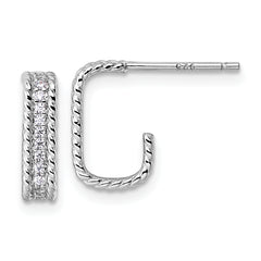 Sterling Silver Rhodium-plated CZ Rope Edge Rectangle J-Hoop Post Earrings