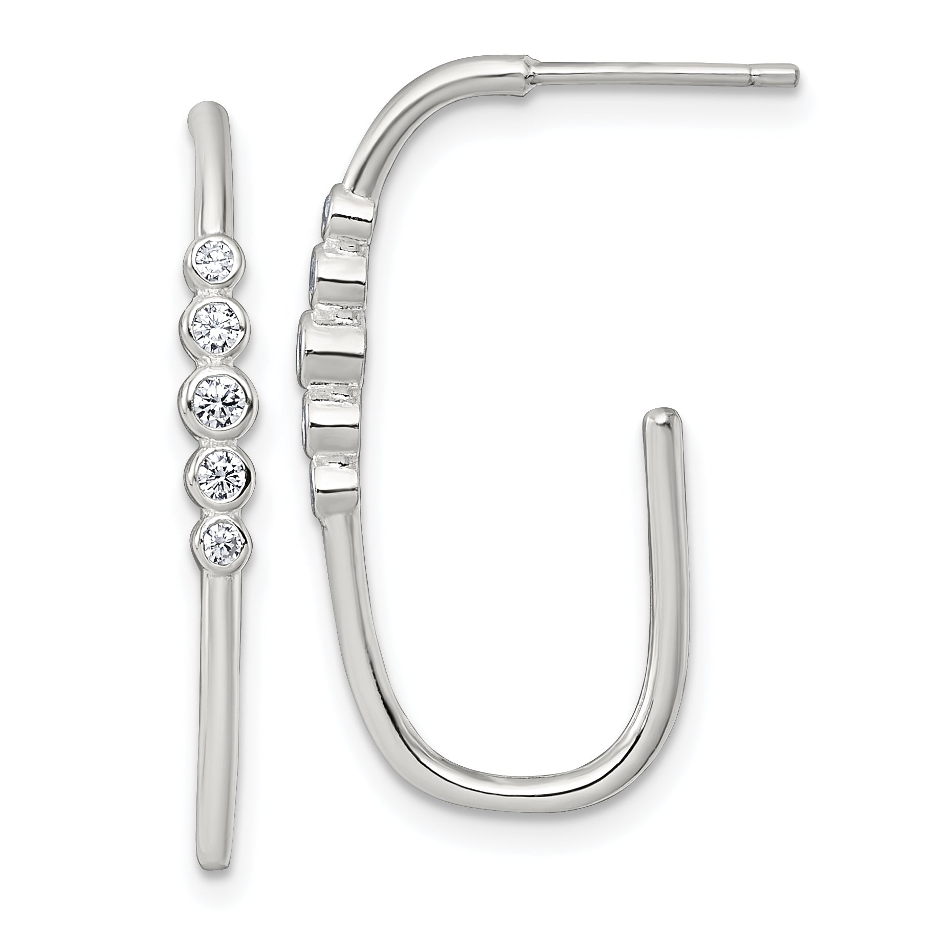 Sterling Silver Polished Bezel Set CZ Post J-Hoop Earrings