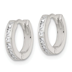 Sterling Silver Polished CZ and White Enamel In and Out 13mm Hinged Round Hoop Earrings