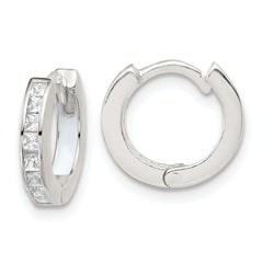 Sterling Silver Polished CZ and White Enamel In and Out 13mm Hinged Round Hoop Earrings