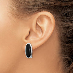 Exquisite Sterling Silver Rhodium-Plated Polished Onyx Non-Pierced Oval Earrings
