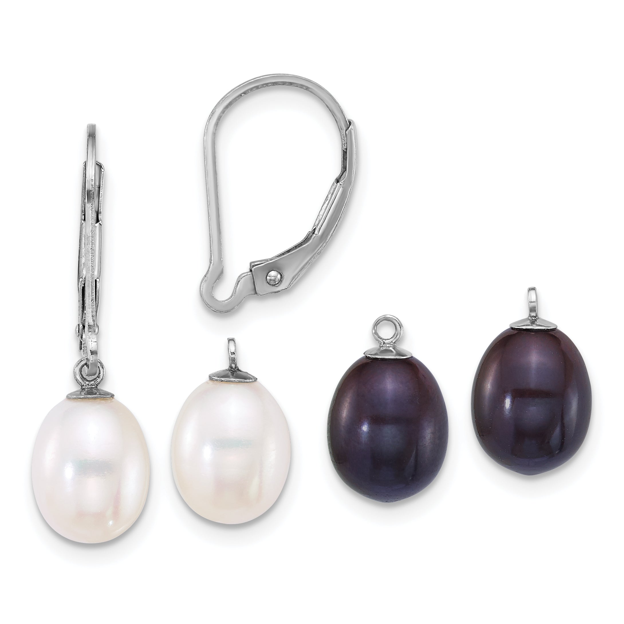 Sterling Silver Rhodium-plated 7-8mm Rice White and Black Freshwater Cultured Pearl 2-piece Enhancer and Leverback Earring Set