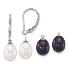 Sterling Silver Rhodium-plated 7-8mm Rice White and Black Freshwater Cultured Pearl 2-piece Enhancer and Leverback Earring Set