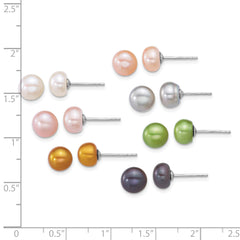 Sterling Silver Rhodium-plated 7-8mm Button White/Pink/Yellow/Peach/Grey/Green/Black Freshwater Cultured Pearl 7-Pair Boxed Post Earring Set