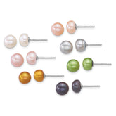 Sterling Silver Rhodium-plated 7-8mm Button White/Pink/Yellow/Peach/Grey/Green/Black Freshwater Cultured Pearl 7-Pair Boxed Post Earring Set