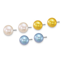 Sterling Silver Rhodium-plated 7-8mm Button White/Yellow/Blue Freshwater Cultured Pearl 3-Pair Boxed Post Earring Set