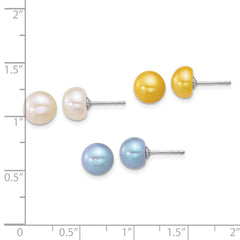 Sterling Silver Rhodium-plated 7-8mm Button White/Yellow/Blue Freshwater Cultured Pearl 3-Pair Boxed Post Earring Set