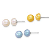 Sterling Silver Rhodium-plated 7-8mm Button White/Yellow/Blue Freshwater Cultured Pearl 3-Pair Boxed Post Earring Set