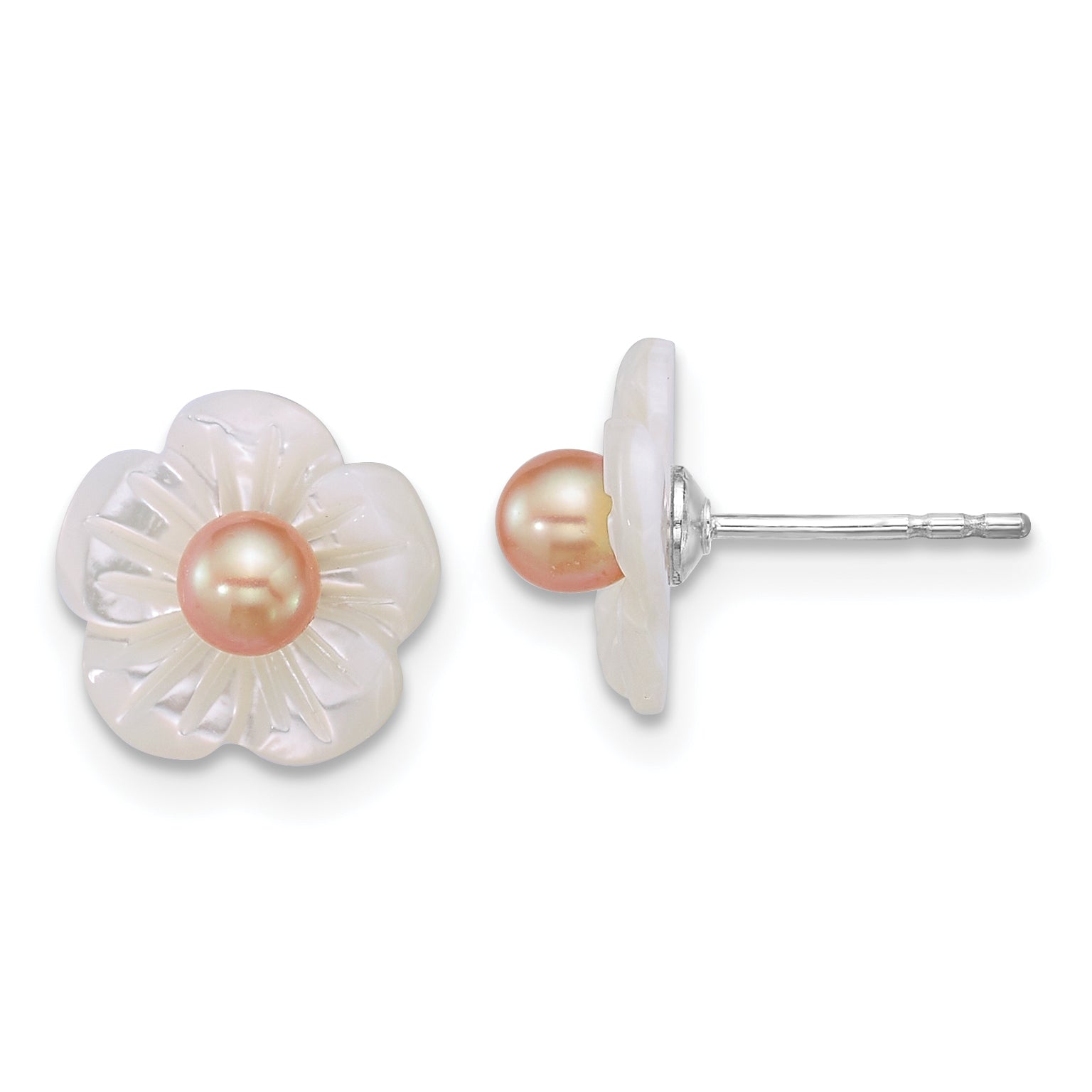Sterling Silver Rhodium-plated 3-4mm Pink Round Freshwater Cultured Pearl and White Mother of Pearl Flower Post Earrings