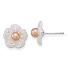Sterling Silver Rhodium-plated 3-4mm Pink Round Freshwater Cultured Pearl and White Mother of Pearl Flower Post Earrings
