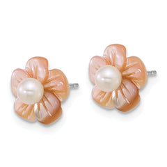 Sterling Silver Rhodium-plated 3-4mm White Round Freshwater Cultured Pearl and Pink Mother of Pearl Flower Post Earrings