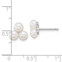 Sterling Silver Rhodium-plated 5-6mm Button White Freshwater Cultured 3-Pearl Post Earrings