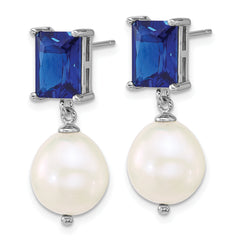 Sterling Silver Rhodium-plated 9-11mm Semi-Round White Freshwater Cultured Pearl and Emerald-cut Blue CZ Dangle Post Earrings